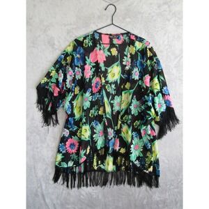 Select Womens Floral Kimono Cardigan Black Pink Blue Fringe Trim Size UK 16